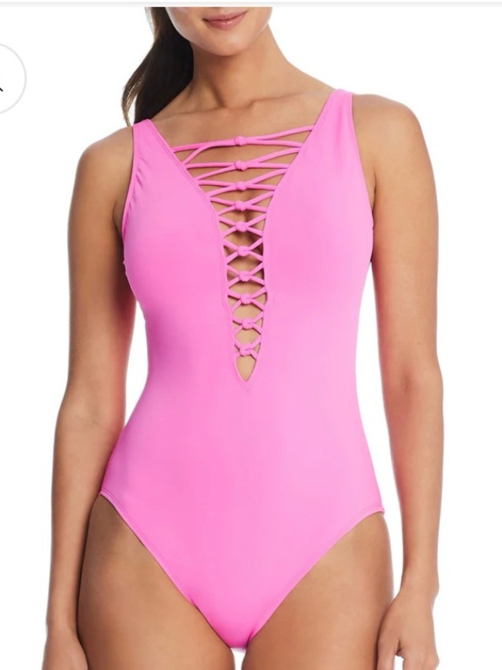 Blue Rod Beattie Let’s Get Knotty one piece swimsuit in color Castro Pink, 8.